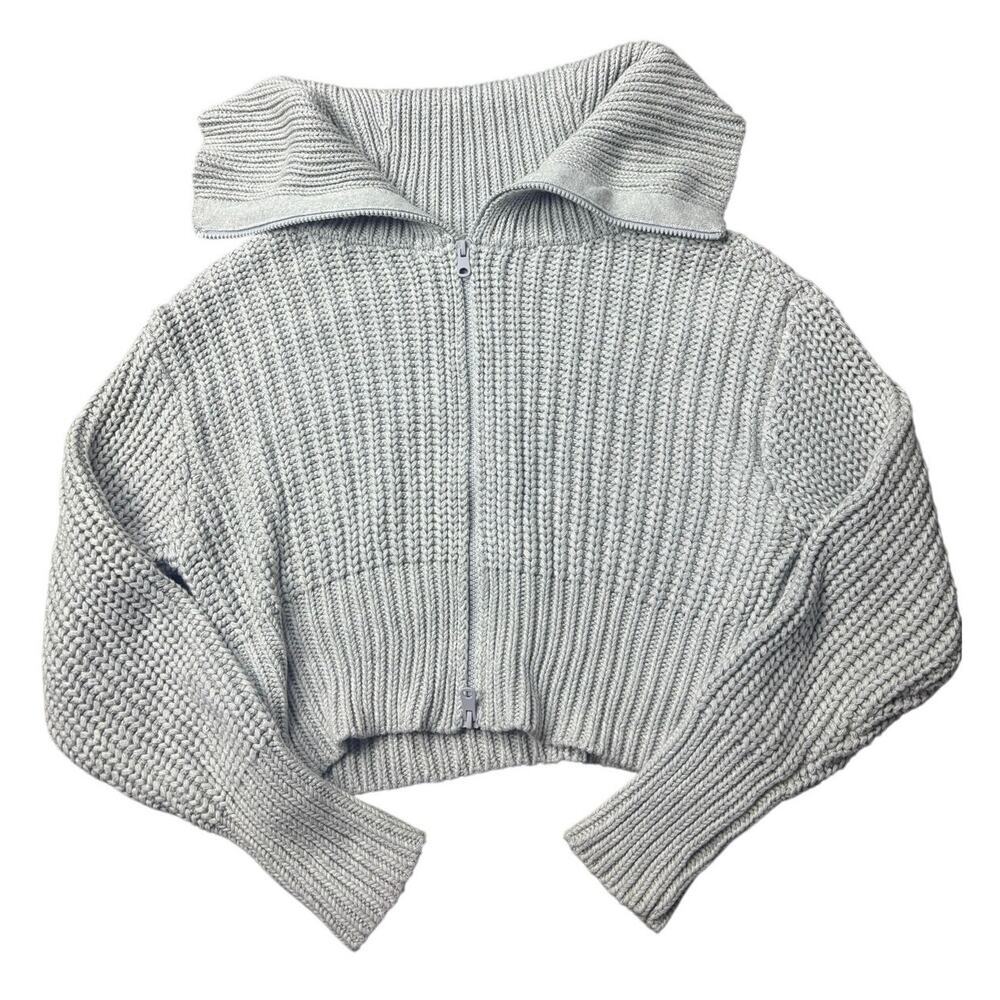 aerie Light Gray Cropped Zip-Front Chunky Knit Cardigan